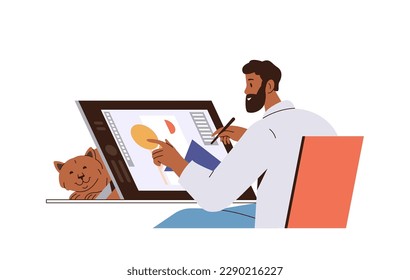 Young man designer working online at home office creating graphic animation on computer display