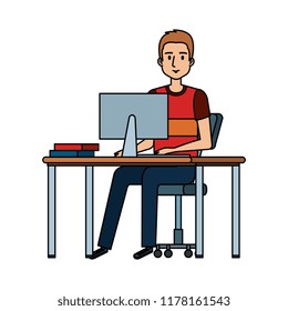 young man at desk with computer