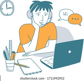 Young man at the desk is learning foreign language online. E-learning, listening to the lesson through the headphones and communicating. Vector illustration doodles, thin line art sketch style concept