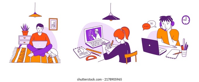 Young man at the desk is learning foreign language online. E-learning, listening to the lesson through the headphones and communicating. Vector illustration doodles, thin line art sketch style concept