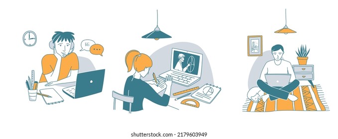 Young man at the desk is learning foreign language online. E-learning, listening to the lesson through the headphones and communicating. Vector illustration doodles, thin line art sketch style concept