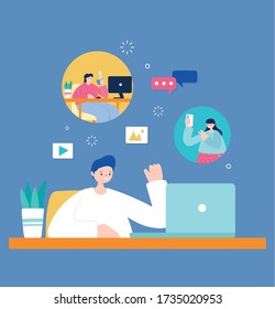 young man in desk using laptop chatting with people vector illustration