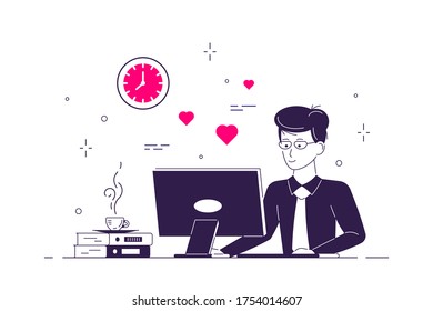 Young man at the desk is working on the laptop computer. Business man or company worker. Vector illustration in flat style for website, presentation and promotional materials