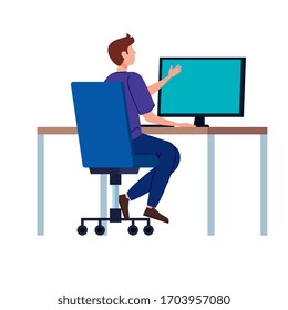 joven con escritorio en el lugar de trabajo diseño de ilustración vectorial