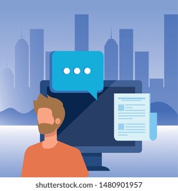 young man with desktop character