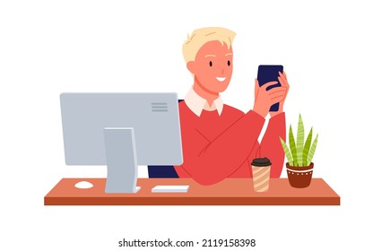 Young man at desktop computer looking at smartphone. Office worker, daily break for phone calls flat vector illustration