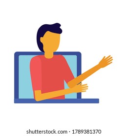 joven hombre en el diseño de ilustración vectorial de la tecnología de conexión de escritorio
