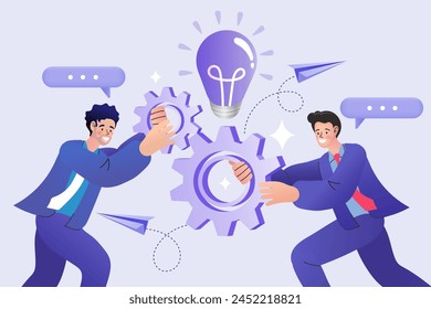 Young man Developer Sitting at Office Desk Work on Computer Developing Software. Efficiency in business, work productivity. Business working on cogwheel mechanism. Vector illustration.