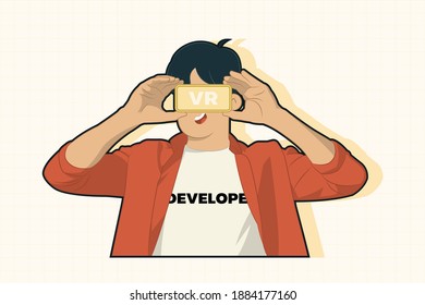 Young man developer wearing vr glasses concept for banner, poster, website, etc.