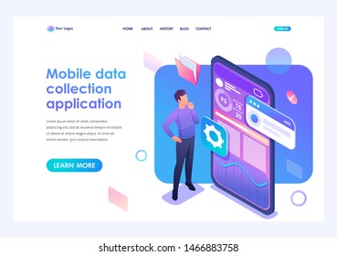 Young Man Is Developing A Mobile Application For Data Collection. Concept Of Modern Technologies. 3d Isometric. Landing Page Concepts And Web Design