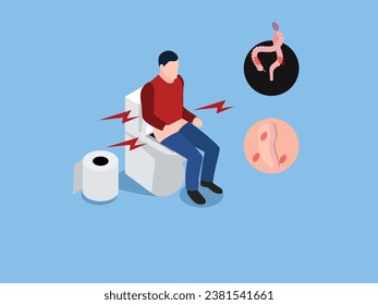 Young man with diarrhea or constipation sitting on toilet bowl isometric 3d vector concept for illustration, banner, website, landing page, flyer, etc.