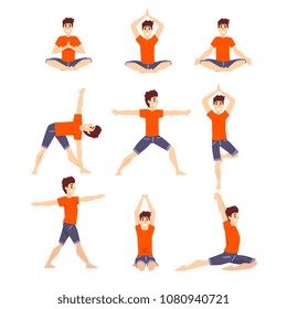 Young man in different asanas poses set, man doing yoga exercises vector Illustrations on a white background