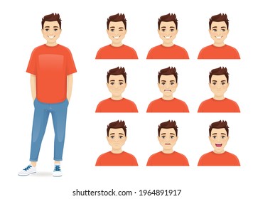 Young man with different facial expressions set vector illustration isolated