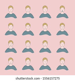 Young man with different facial expressions.Young boy smiling, happy, kind, unhappy face character.Set of man emotions.Facial expression.Lifestyle concept.Vector design illustrations.
