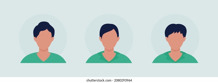 Young man with different haircuts semi flat color vector character avatar set. Portrait from front view. Isolated modern cartoon style illustration for graphic design and animation pack