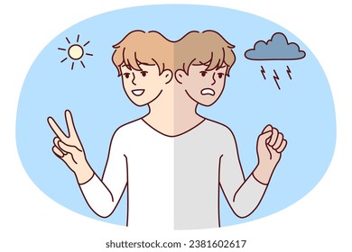 Young man in different mood suffer from mental or psychological problem. Mad and happy male mood swings. Bipolar disorder. Vector illustration.