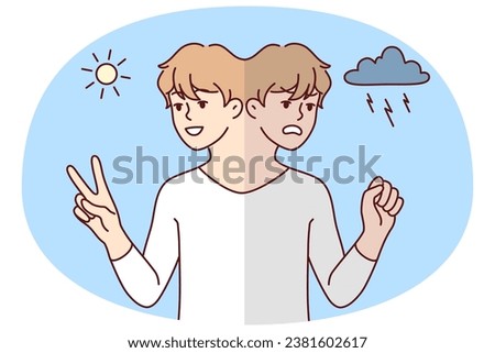 Young man in different mood suffer from mental or psychological problem. Mad and happy male mood swings. Bipolar disorder. Vector illustration.
