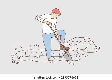 Young man digging grave. Unhappy male work on cemetery ground. Death and funeral. Vector illustration. 