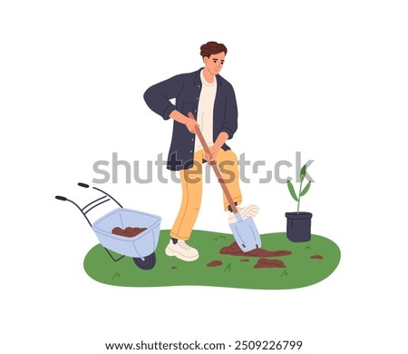 Young man digs hole in ground with spade. Person with wheelbarrow planting tree sprout in park. Gardener cares about nature, works on soil. Flat isolated vector illustration on white background