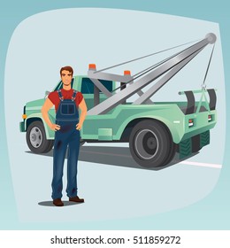 Young man in dirty overalls standing and smiling. In the background pickup wagon. Profession concept of auto mechanic or tow truck operator. Cartoon style. Vector illustration