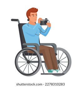 Young man with disability taking photos. Man in wheelchair using camera vector cartoon illustration