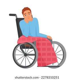 Joven con discapacidad en silla de ruedas. Problemas de marcha, sentado en una ilustración de caricatura vectorial de silla de ruedas