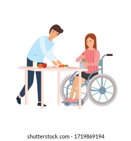 Young man and disabled woman in wheelchair cartoon characters. Man cooking with woman. Caregiver, family moral support. Disability rehabilitation, invalid people assistance.