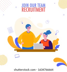 Young Man Discussing to Woman Working in Laptop for Join Our Team Recruitment Concept.