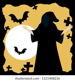 young man disguised of death with bats flying vector illustration design