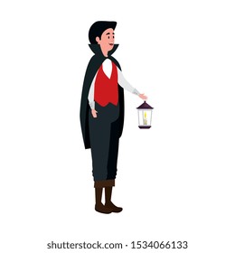 young man disguised vampire with lantern vector illustration design