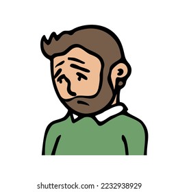 Ein junger Mann mit einem bedrückten Gesichtsausdruck. Traurigkeit, Enttäuschung, schlechte Emotionen. Cartoon, Vektorgrafik, Comic, Illustration einzeln auf weißem Hintergrund. Handgezeichneter Rahmen