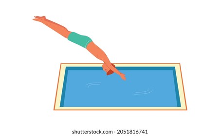 Un joven se sumerge en una piscina, ilustración vectorial plana aislada en un fondo blanco. Caricatura masculina para la fiesta en la piscina y el tema de la actividad en el agua.