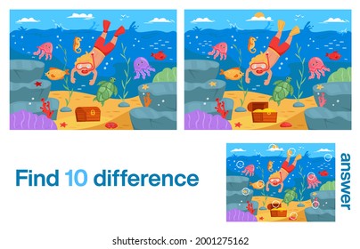 Young man dives under water for treasure. Illustration of the underwater world. Find 10 differences. Educational game for children. Cartoon vector illustration