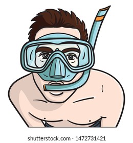young man with diving goggles and snorkel in mouth.  Tourist, vacation, dive, color, face, doodle.