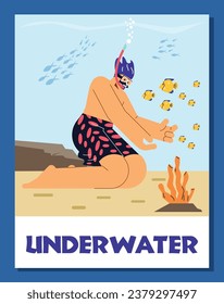 Young man in diving mask and snorkel swimming in sea or ocean and observing coral reef with fishes. Cartoon snorkeler admiring marine fauna. Underwater scuba snorkeling activity vector poster