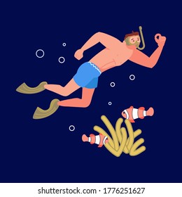 Young man in diving mask watching marine fauna during swimming in sea or ocean. Snorkeler observing coral reef. Sunken ship and underwater marine animals in background. Flat Art Vector Illustration