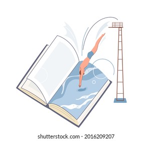 Joven sumergiendo en el libro de la torre de submarinismo. Concepto de lectura de inmersión, fondo vectorial de literatura. Estudiar, la ilustración de diseño educativo en un sencillo estilo plano.