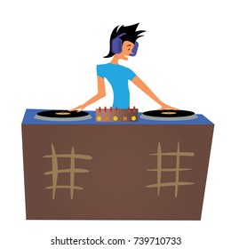 Young Man DJ Playing Music Behind The Decks. Vector Illustration, Isolated On White Background.