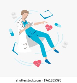 Young man doctor floating in the air with medical supply. Health care and medical concept. Hand draw style. Vector illustration. 