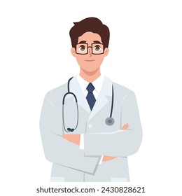 Young man doctor folded hands. Flat vector illustration isolated on white background