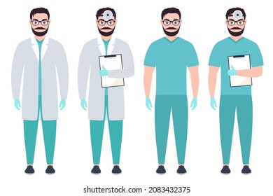 young man doctor in full height, vector illustration, medical profession nurse therapist on a white background.