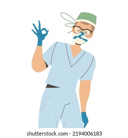 Young Man Doctor in Mask and Glasses Showing Ok Hand Gesture as Medical Staff Working in Clinic Vector Illustration