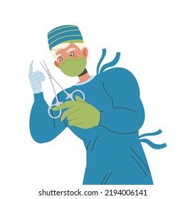 Young Man Doctor in Mask with Scissors Standing Above Patient at Surgery Table as Medical Staff Working in Clinic Vector Illustration