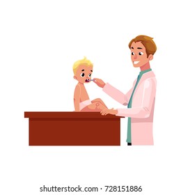 Young man doctor, pediatrician, otolaryngologist checking baby, infant throat, cartoon vector illustration isolated on white background. Male doctor pediatrician, otolaryngologist checking baby throat