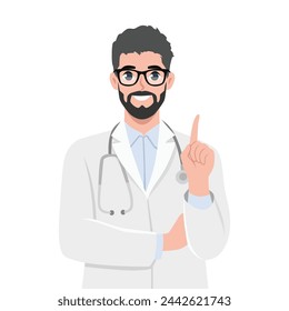 Young man doctor points his index finger up. General practitioner in medical uniform with stethoscope. Flat vector illustration isolated on white background