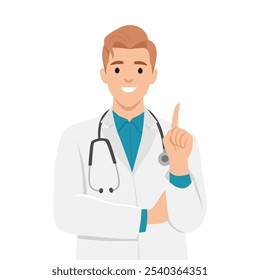 Young man doctor. A pose explained by pointing. Flat vector illustration isolated on white background