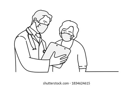 Young man doctor in protection mask show medical test, offer healthcare consent insurance contract. Hand drawn vector line.