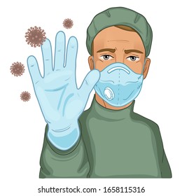 Young man, doctor in protective suit and medical mask makes stop gesture with hand, protecting against coronavirus 2019-nCoV. Conceptual vector image, eps10 