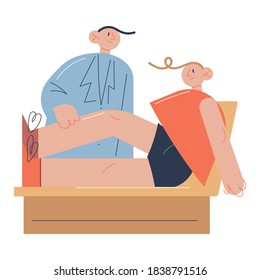 Young man doctor stretching man patients leg after surgery