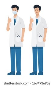 A Young Man Doctor Wearing Mask Giving A Thumbs Up, Vector Illustration